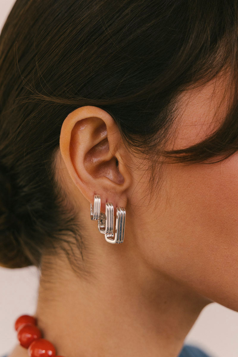 Textured Ovate Hoops Silver (14mm)